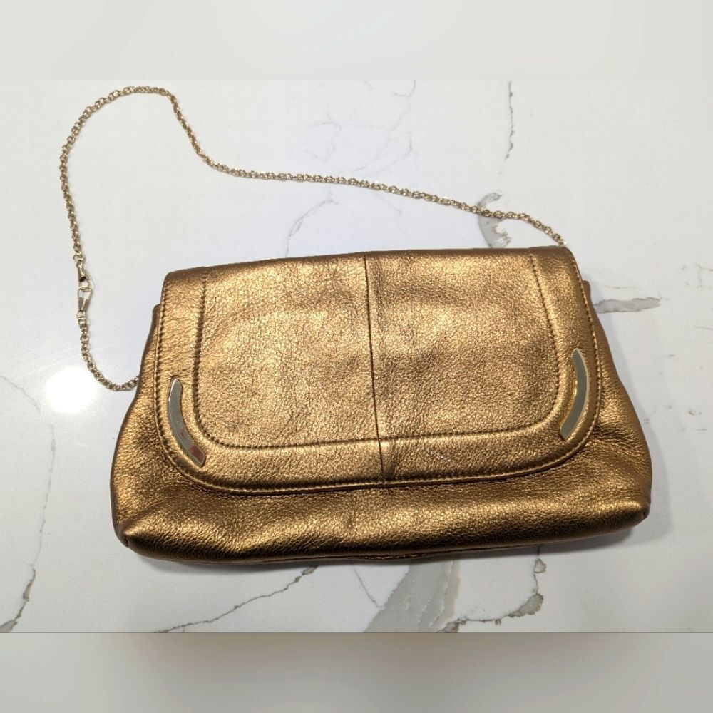 B Makowsky Gold buttery soft Leather Clutch Bag chain handle leopard lining New